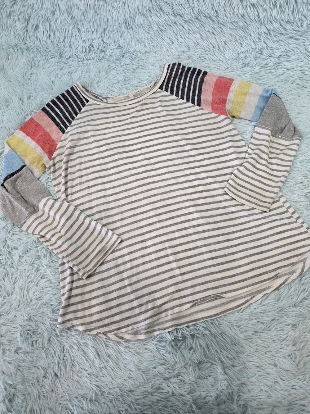 My Story Striped Raglan Top Medium Grey Cream Mixed Pattern Sleeves Boho